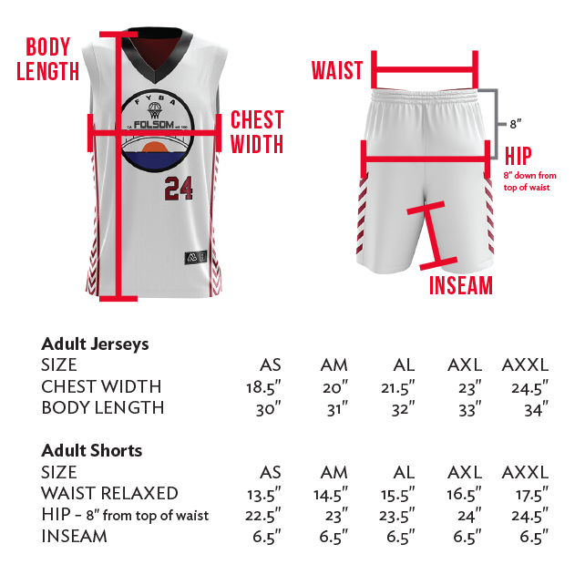 FYBA Adult Jerseys Sizing