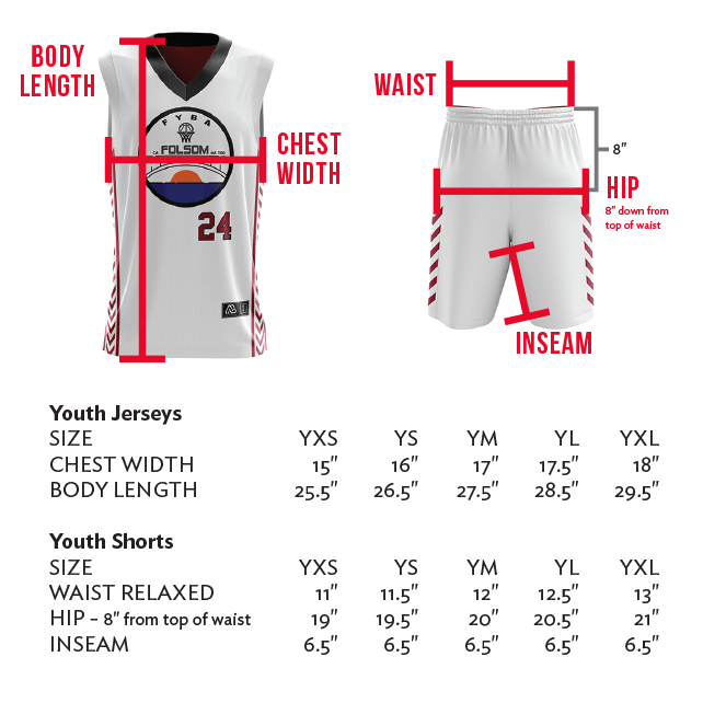 FYBA Youth Jerseys Sizing